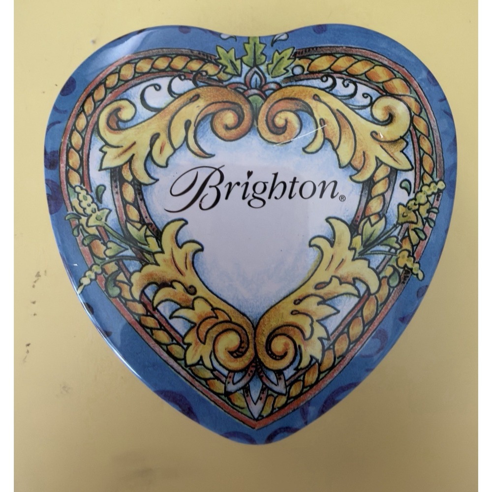 Brighton Heart Shaped Jewelry Tin Box Blue Floral Scroll Trinket Gift Box